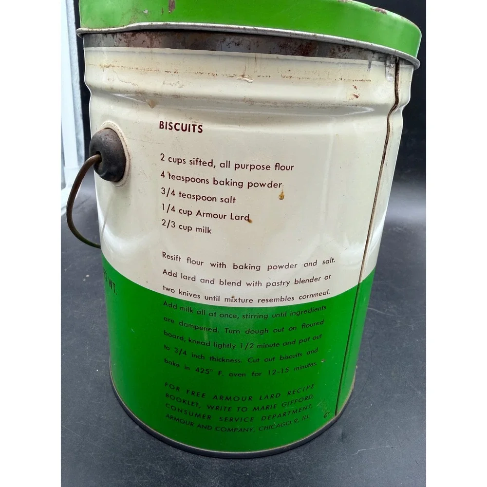 Vintage Armour Pure Lard 4 lb Tin Bucket with Lid Recipes Green White Red Star